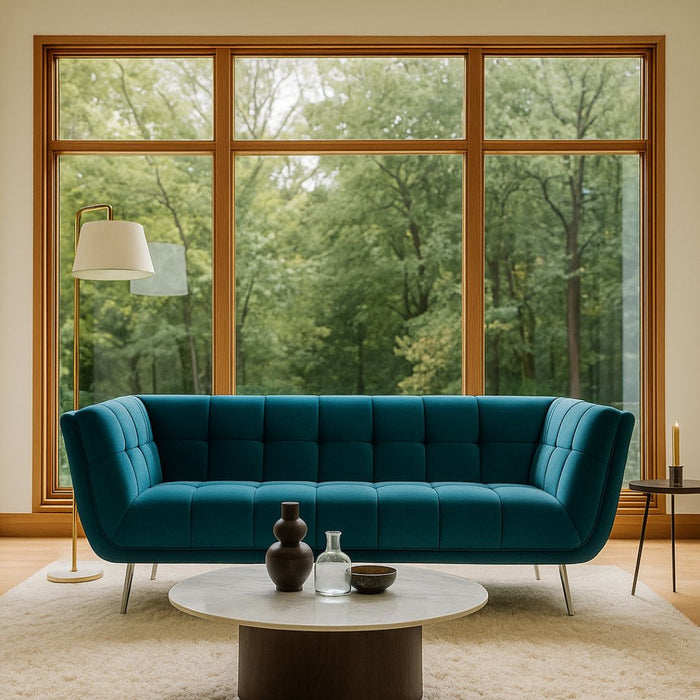 Allegra 3-Seater Green Velvet Sofa – Sculpted Minimalism, Reimagined