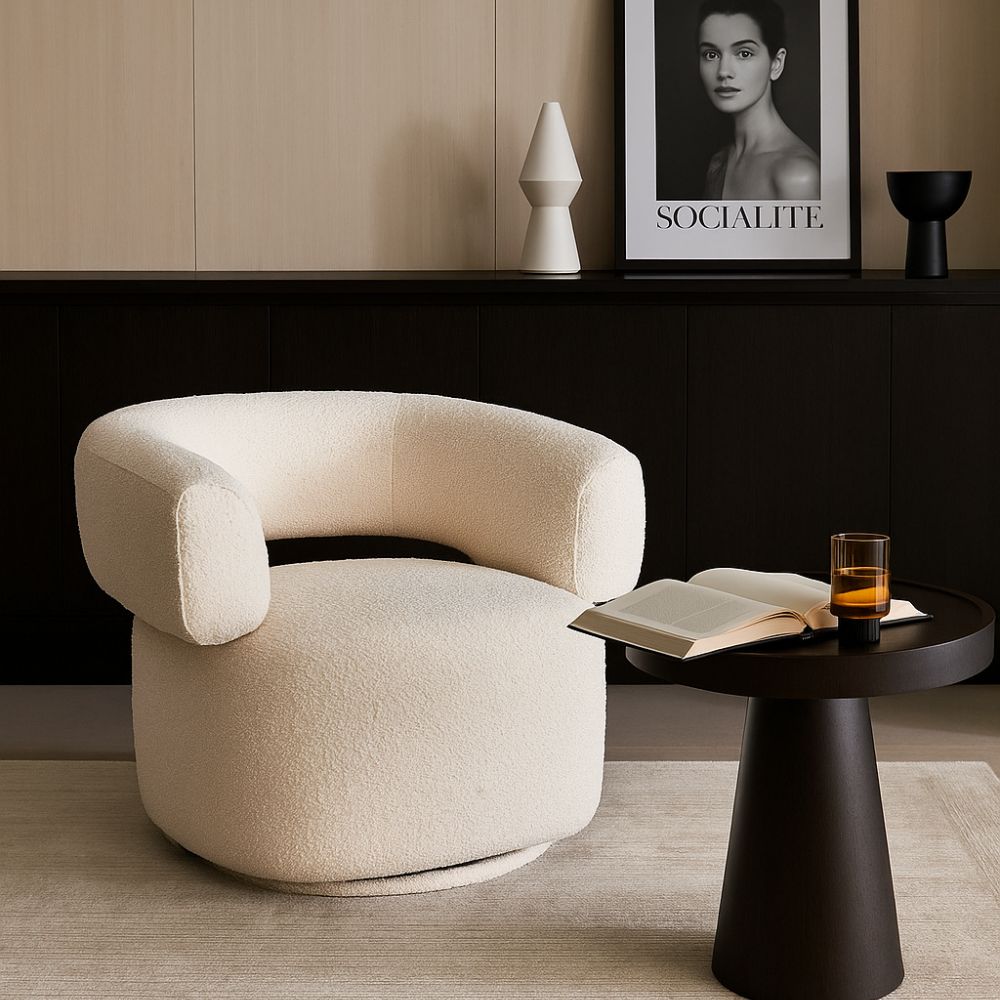 Elaro Ivory Bouclé Swivel Armchair
