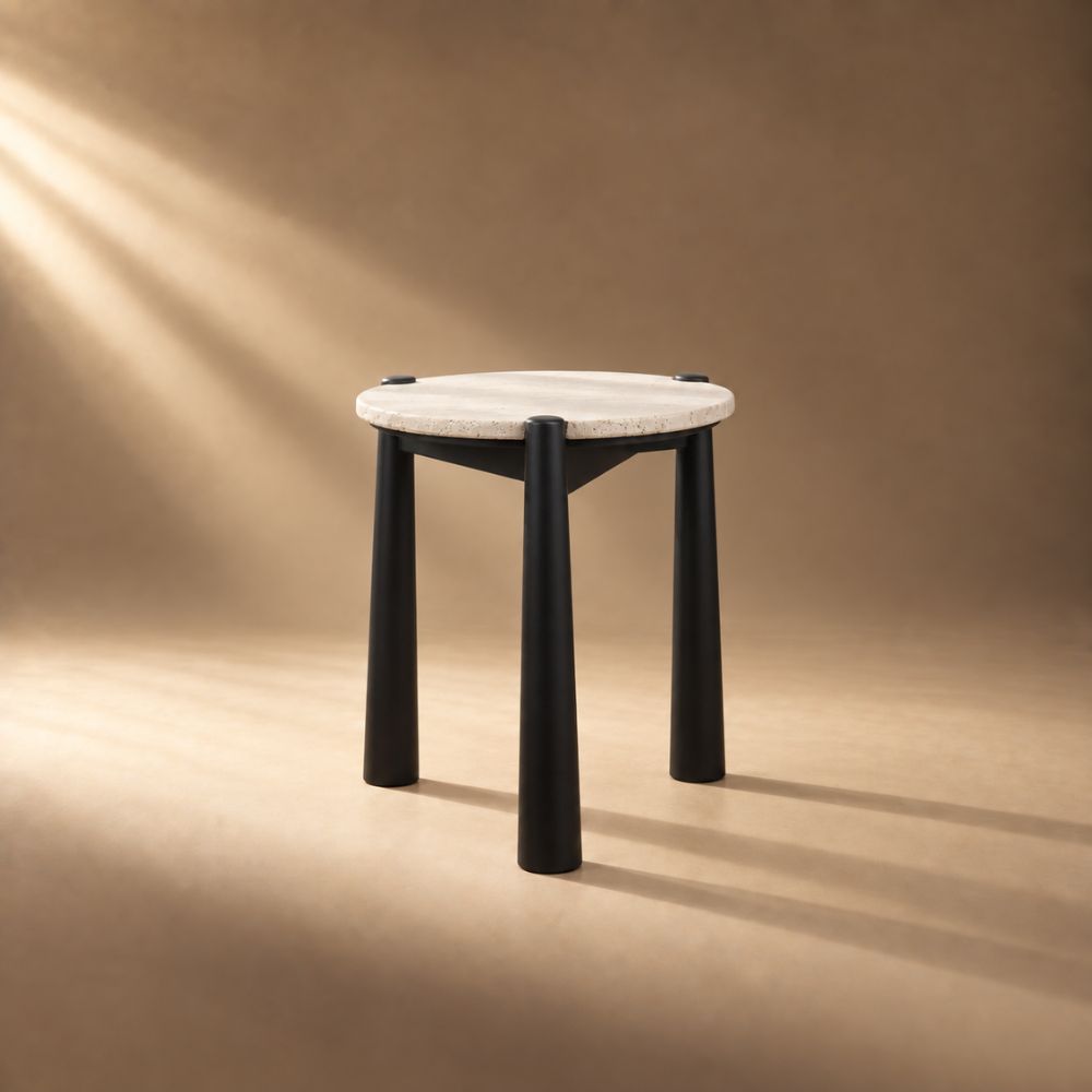 Santo Travertine Top and Black Finish Mango Side Table