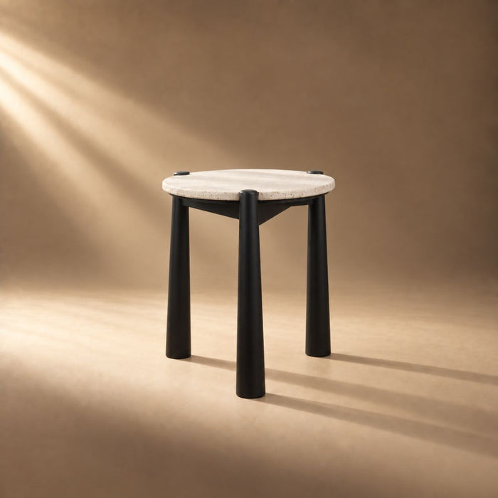 Santo Travertine Top and Black Finish Mango Side Table