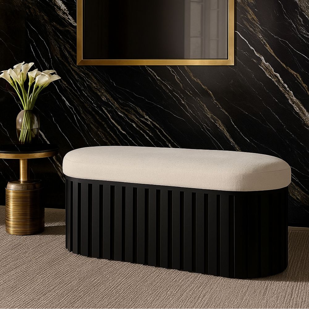 Varello Black Mango Wood & Cream Linen Bench