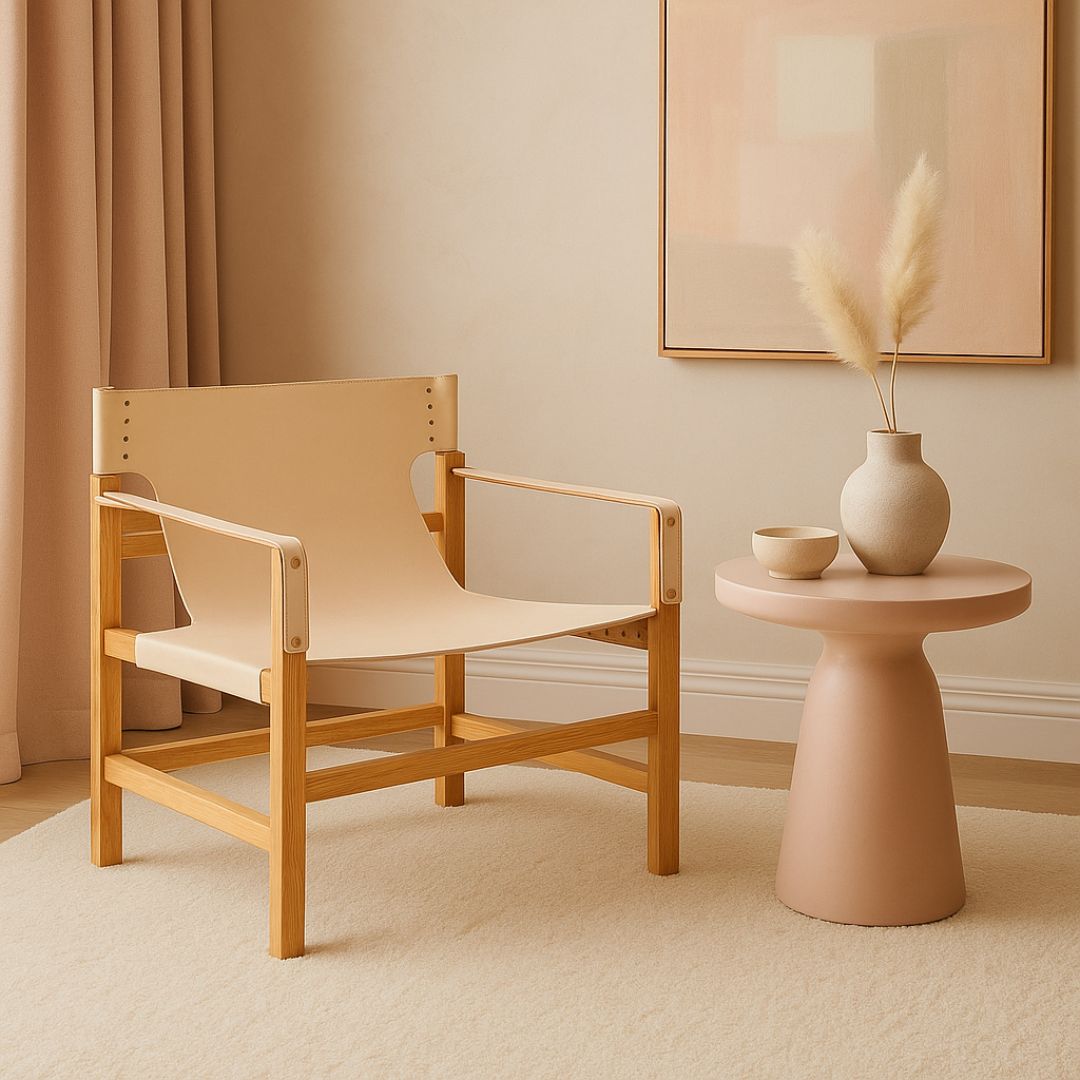 Linden Cream Leather & Teak Wood Chair