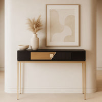 Lorenzo Console Table – Black Fluted & Grey Oak with Gold Base