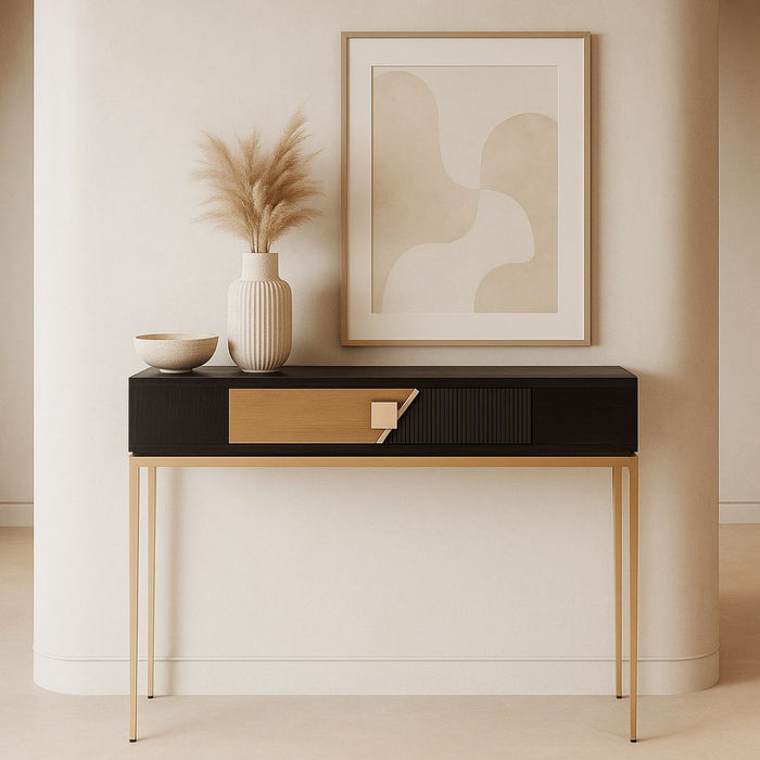 Lorenzo Console Table – Black Fluted & Grey Oak with Gold Base
