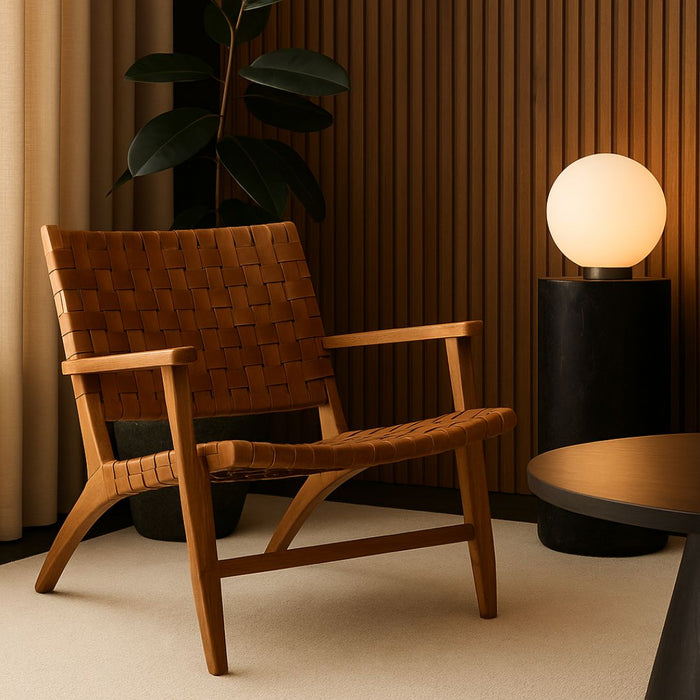 Maya Leather & Teak Armchair – Woven Artisan Comfort