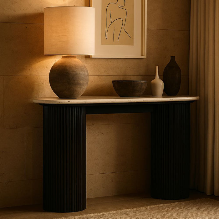 Valmer Travertine & Black Acacia Console Table